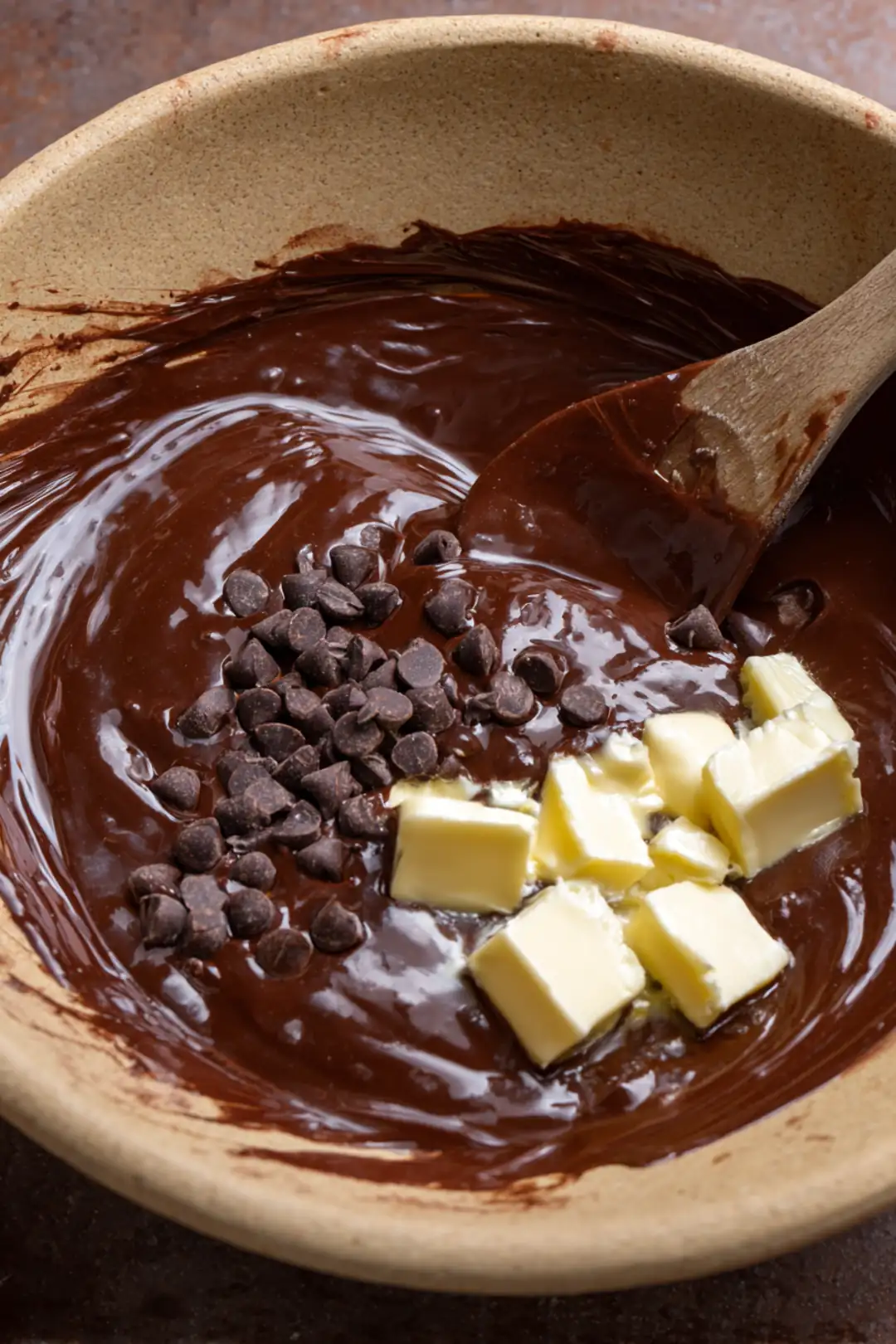 Melt the semisweet chocolate chips and unsalted butter in a mixing bowl