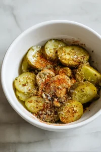 Mix pickle slices with olive oil, garlic powder, paprika, black pepper, and sea salt