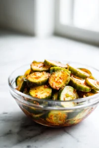 Mix pickles with olive oil, garlic powder, paprika, and salt