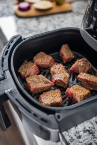 Place seasoned steak tips in air fryer