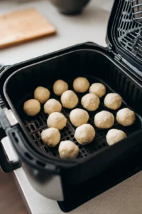 Place the dough balls in the air fryer basket, making sure to leave space between them.