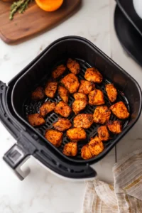 Place the marinated salmon bites in the air fryer and cook until golden and crispy