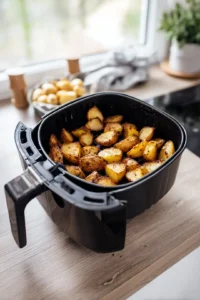 Place the potatoes in the air fryer basket and cook for 10 minutes, then add the steak bites and cook for an additional 5 minutes.