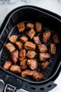 Place the steak bites in a single layer in the air fryer basket and cook for 10-12 minutes, shaking the basket halfway through for even cooking.