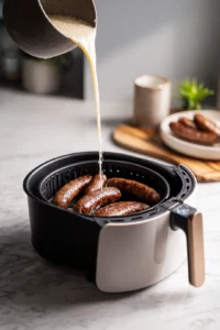 Pour the batter over the sausages in air fryer basket and cook for an additional 15 minutes until the pudding is puffed and golden brown