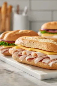 Preheat the air fryer to 350°F (175°C) and assemble the sandwiches by placing sliced turkey on the sub rolls with Swiss cheese on top.