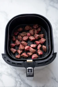 Preheat the air fryer to 400 degrees Fahrenheit and place marinated steak bites in basket
