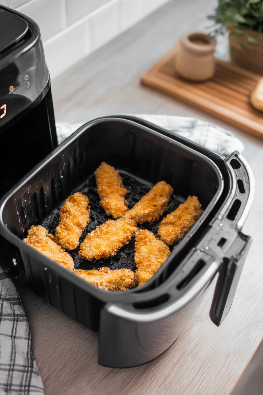 Preheat your air fryer to 380 degrees Fahrenheit and arrange chicken tenders in a single layer