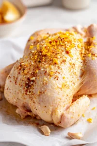 Rub olive oil, minced garlic, paprika, black pepper, and lemon zest on chicken