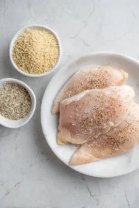 Season the chicken breasts with salt, pepper, and Italian seasoning, then dredge in minced garlic and coat with breadcrumbs