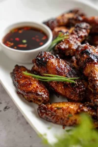 Serve the wings hot with nuoc cham dipping sauce