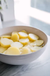 Soak the cut potatoes in lukewarm water for at least 30 minutes to remove excess starch, which helps improve crispiness.