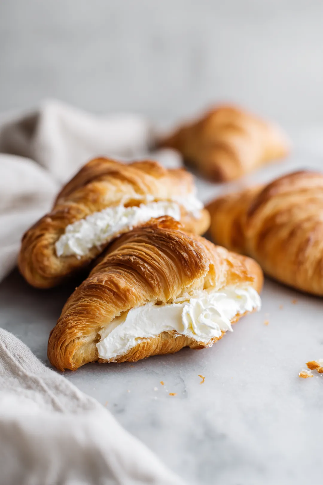 Spread cream cheese on the bottom half of the sliced croissants, then top with smashed avocado and crispy bacon