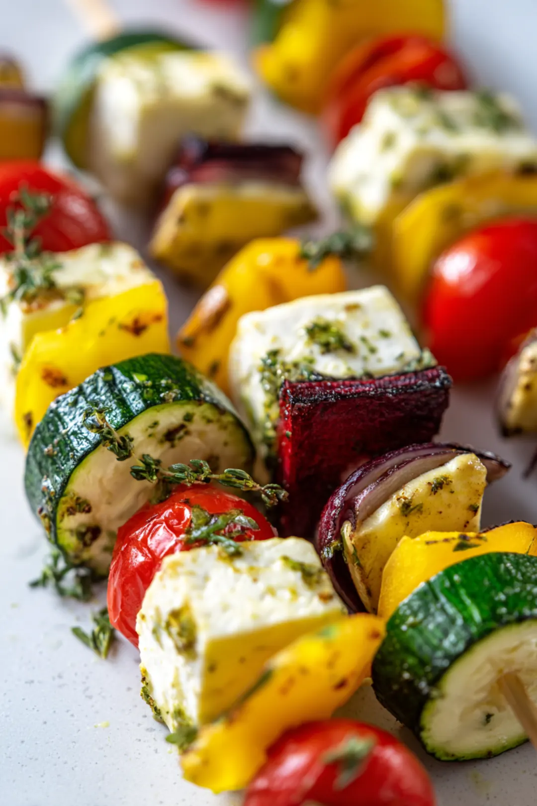 Thread halloumi and vegetables onto skewers