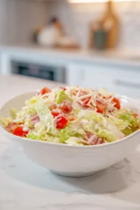 Top the sandwich with shredded lettuce, diced tomato, provolone cheese, and grinder salad dressing