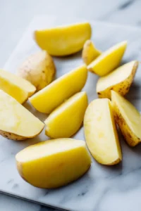 Wash and peel Russet potatoes and cut them into wedges or cubes