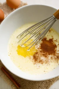 Whisk together the eggs, milk, vanilla extract, cinnamon, and sugar