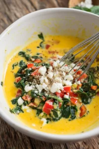 Whisk together the eggs, salt, and pepper, then stir in spinach, bell peppers, and cheese
