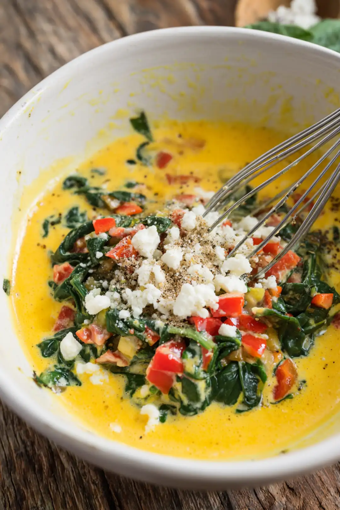 Whisk together the eggs, salt, and pepper, then stir in spinach, bell peppers, and cheese