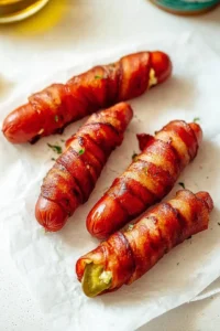 Wrap each hot dog with two pickle slices and then wrap in a half slice of bacon, securing with toothpicks if needed.