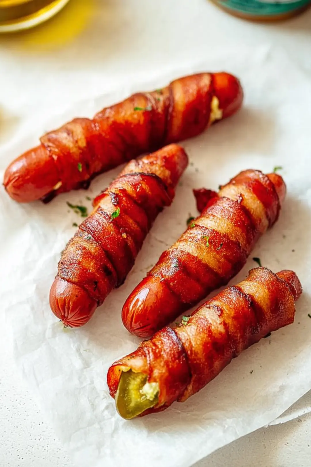 Wrap each hot dog with two pickle slices and then wrap in a half slice of bacon, securing with toothpicks if needed.