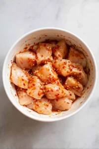 Add chicken breast pieces to the marinade, coating them well. Let it marinate for at least 10 minutes for best flavor.