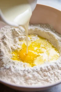 Add the milk, melted butter, and egg to the dry ingredients and mix until a dough forms