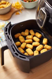 Air fry chicken nuggets for 10 minutes, shaking the basket halfway through to ensure even cooking