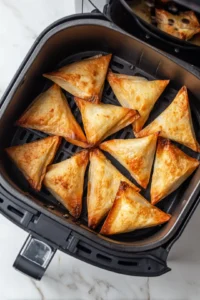 Air fry the triangles in batches for about 12 minutes or until golden brown and crispy