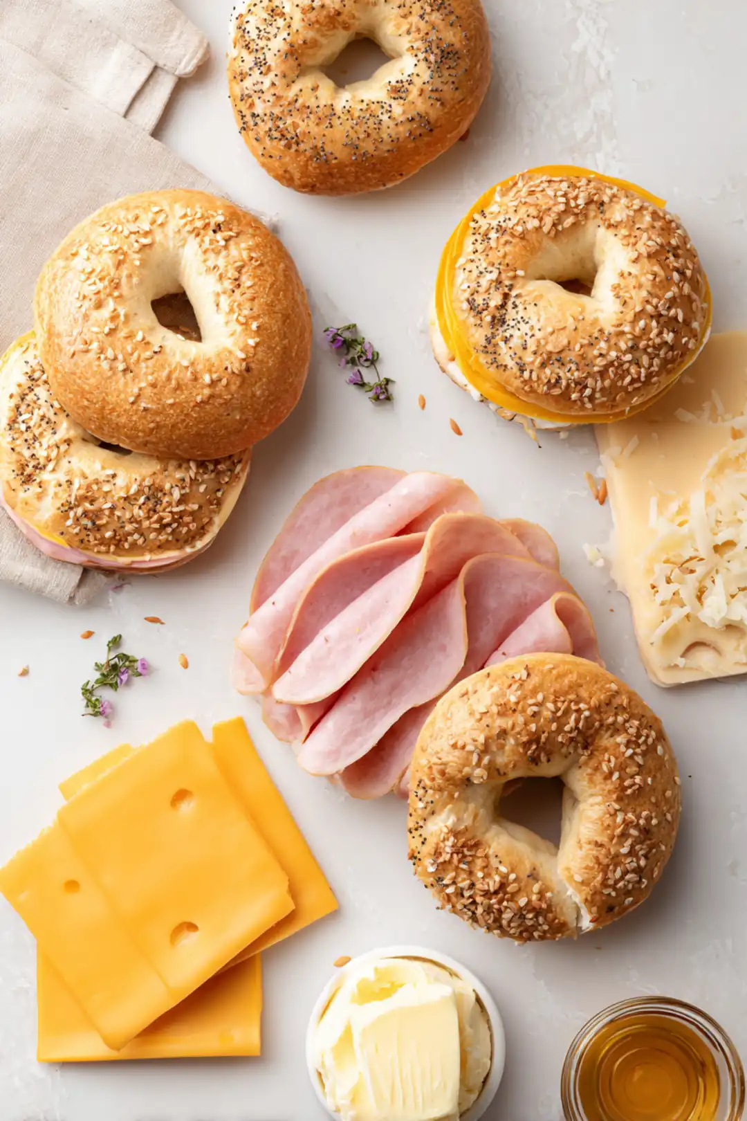 air fryer bagel melt with ham and cheese - ingredients