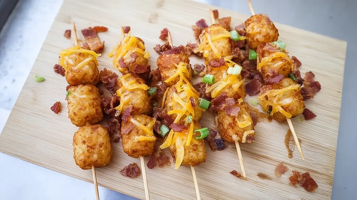 Air fryer loaded tater tot skewers