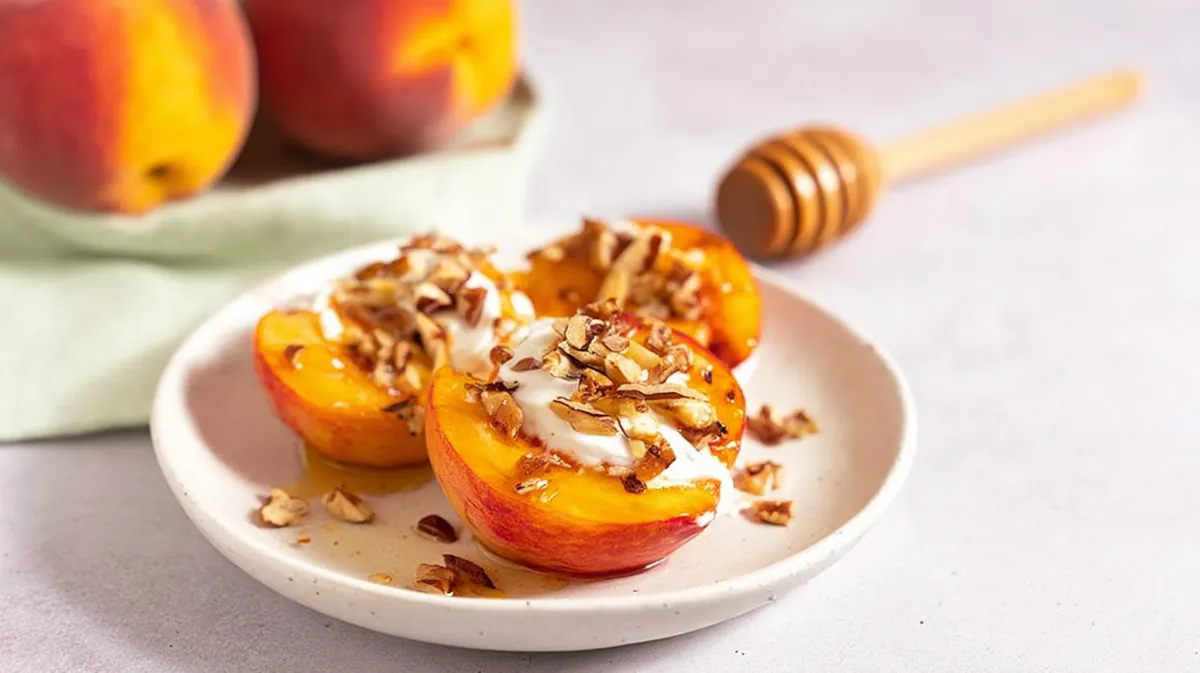 air fryer peach halves with honey and nuts