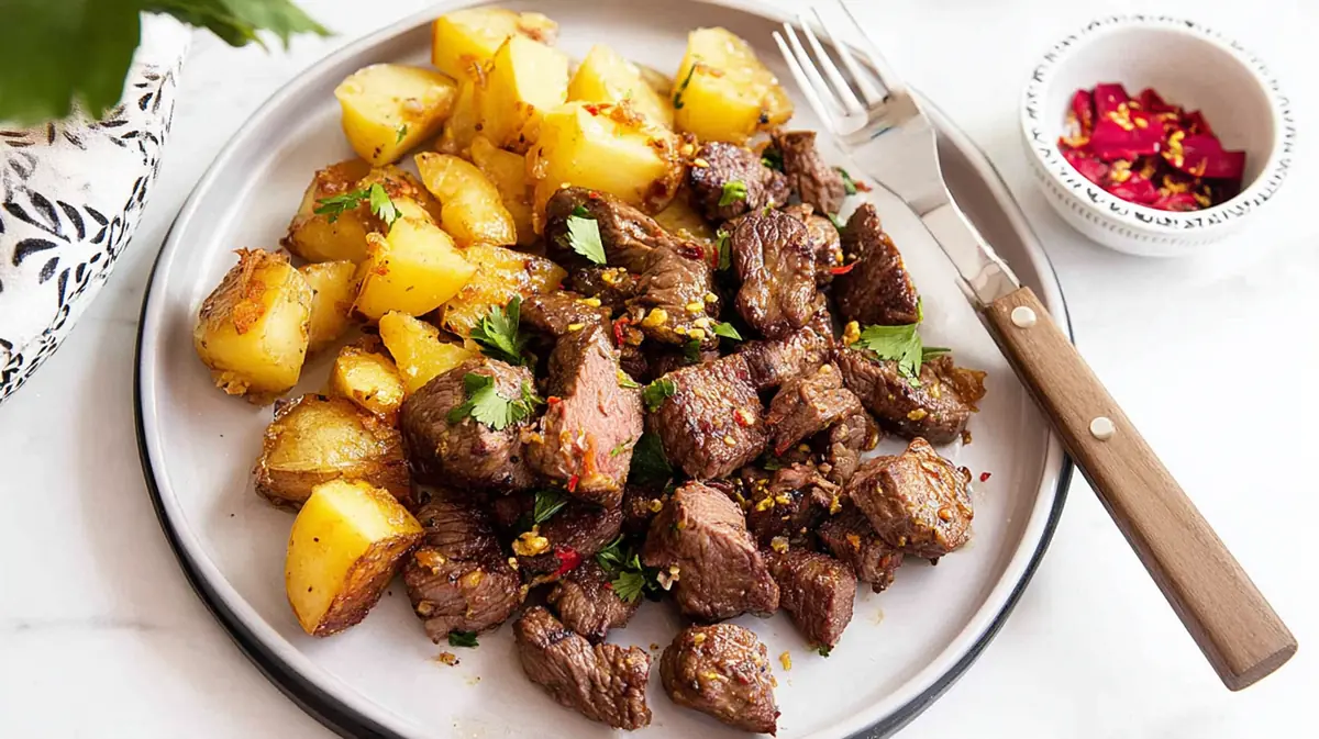 air fryer steak bites and potatoes meal