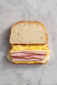 Assemble the sandwich with ham, turkey, and cheese