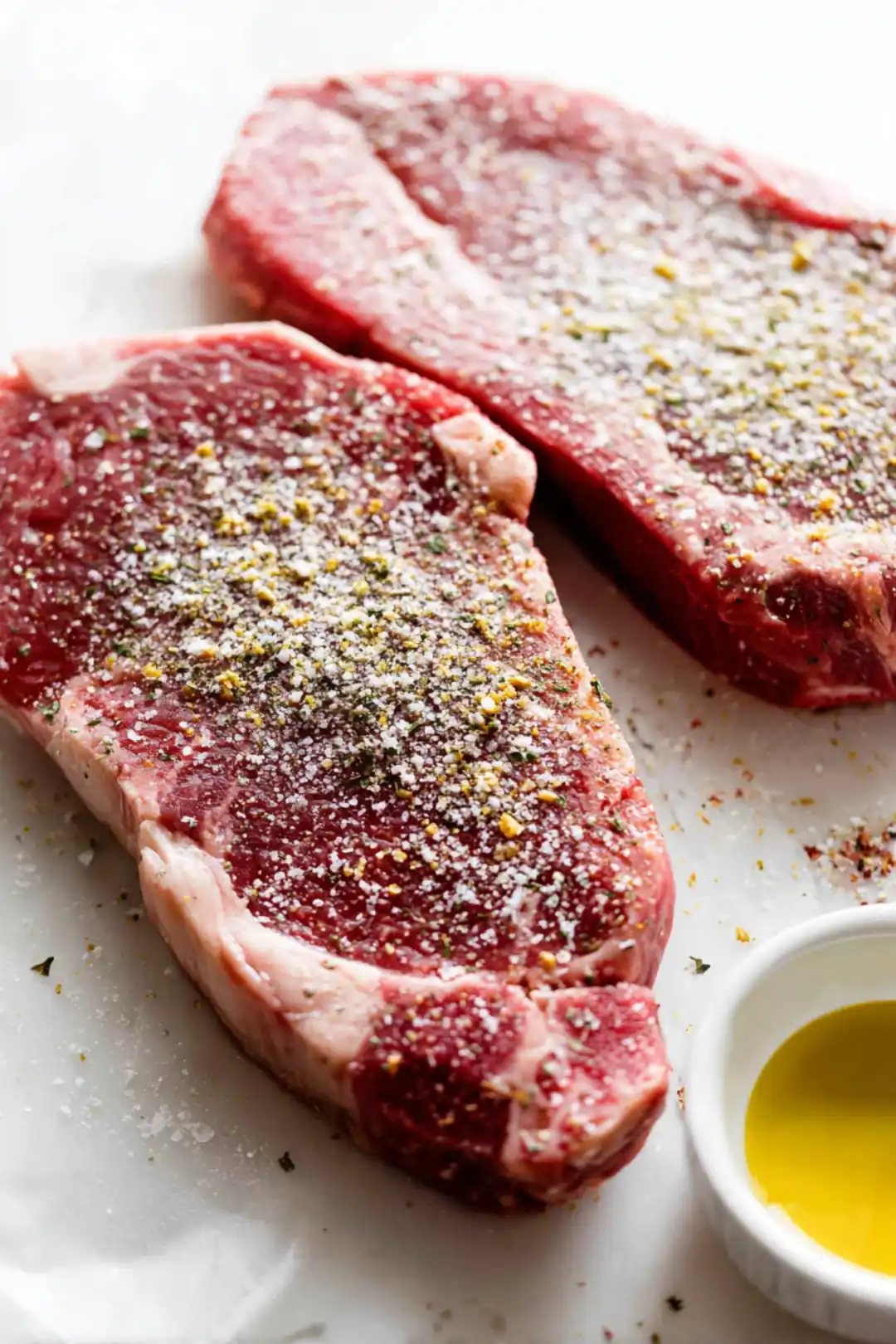 Coat ribeye steaks with olive oil and season with garlic powder, salt, and black pepper