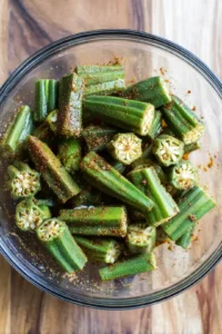 Coat the okra fries with olive oil and seasonings