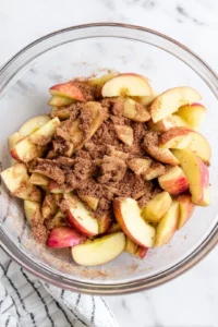 Combine apple slices with cinnamon, brown sugar, and nutmeg in a mixing bowl and toss until evenly coated for enhanced flavor