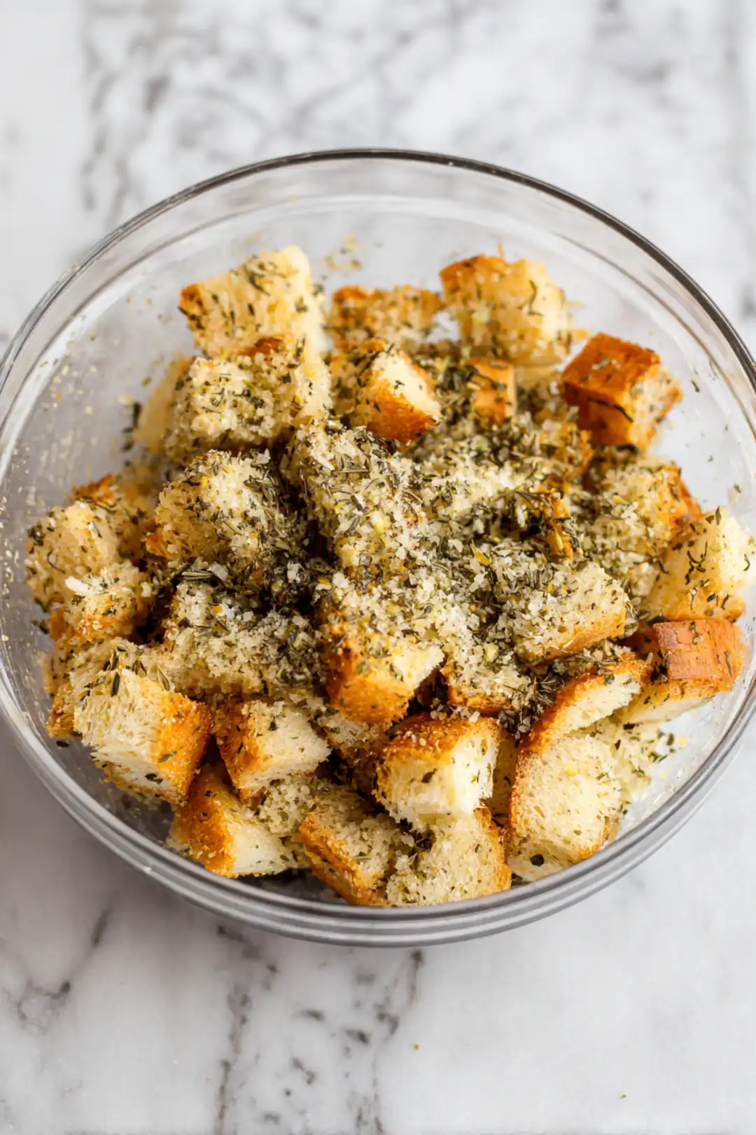 Combine bread crusts with olive oil, garlic powder, and dried herbs