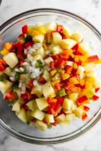 Combine diced potatoes, bell peppers, onion, olive oil, salt, and pepper in a mixing bowl