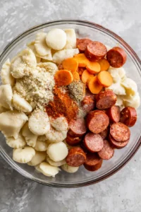 Combine kielbasa, pierogies, olive oil, garlic powder, onion powder, and smoked paprika in a bowl