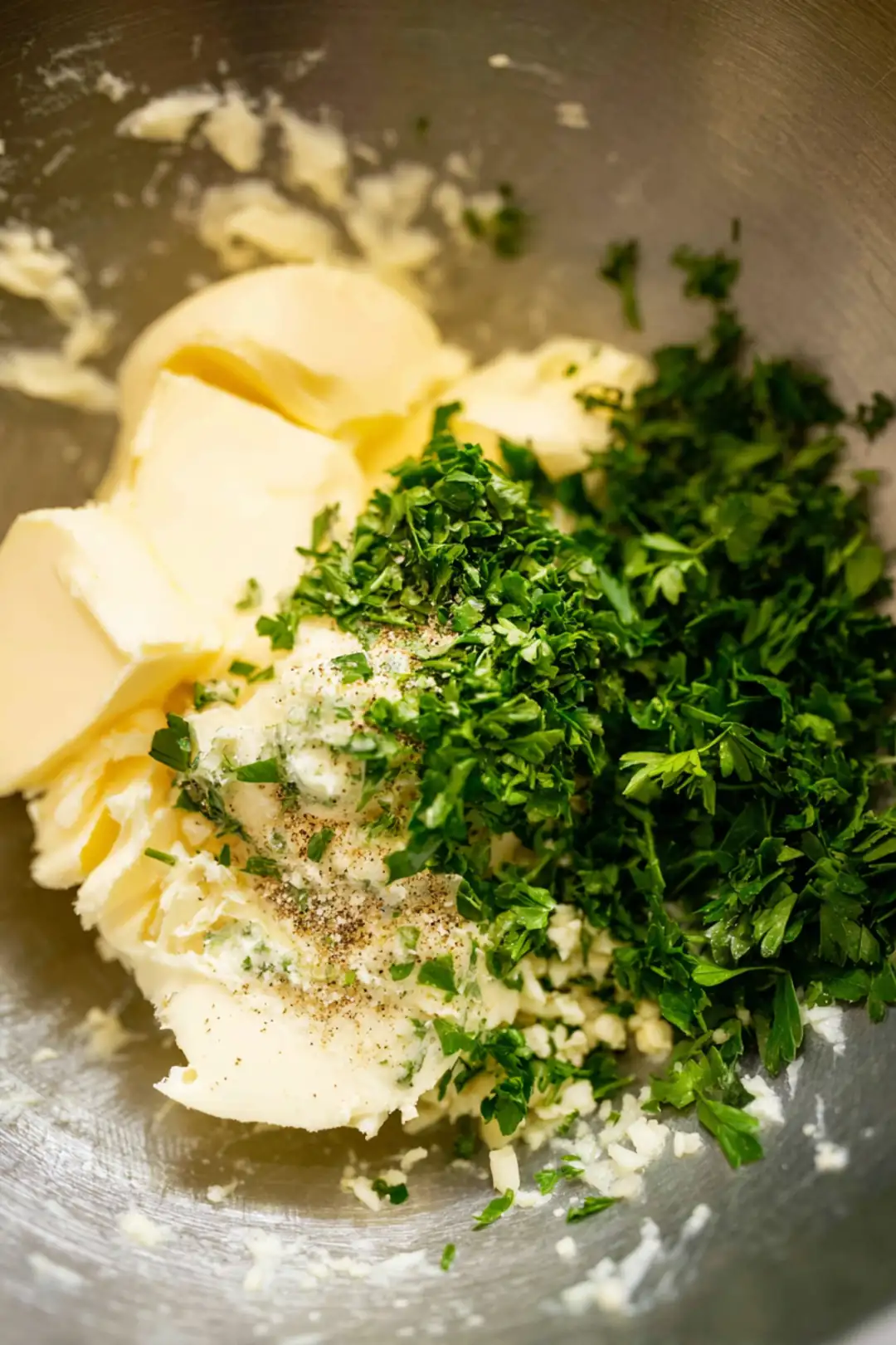 Combine softened unsalted butter, chopped parsley, minced garlic, salt, and black pepper in a mixing bowl