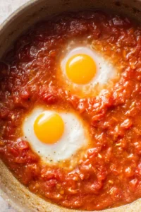 Create wells in the tomato mixture and crack the eggs into the wells