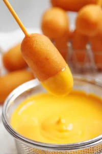 Dip each frozen mini corn dog in the batter and place in the air fryer basket. Cook for about 8 minutes, turning halfway through until crispy and golden brown.