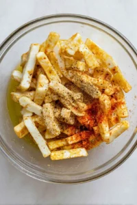 Drain and pat dry the halloumi fries, then toss with olive oil, paprika, garlic powder, and black pepper until coated