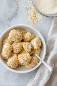 Dredge chicken bites in flour mixture, dip in egg, and coat with pretzel crumbs