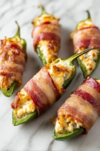Fill jalapeno halves with cheese mixture and wrap with bacon