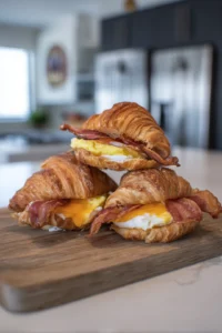Layer eggs, cheese, and crispy bacon inside croissant halves and air fry until golden