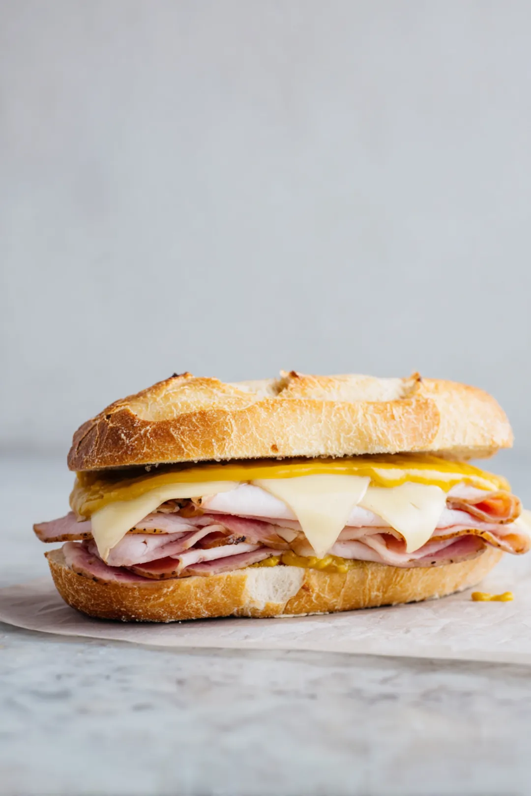 Layer Swiss cheese, roast pork, and ham in Cuban bread