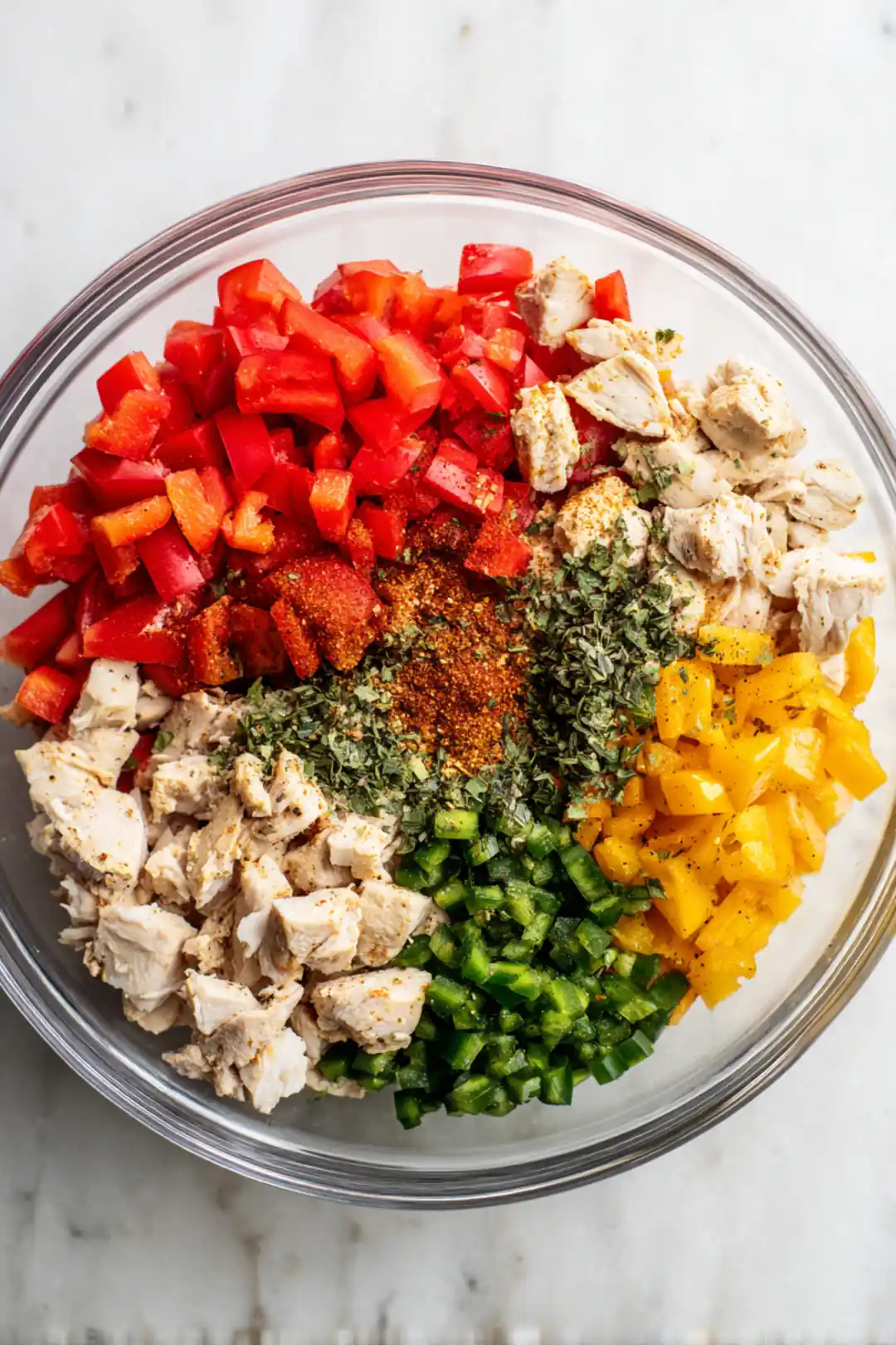 Mix chopped vegetables and diced chicken breast with your favorite spices and herbs