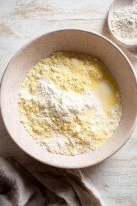 Mix together cornmeal, flour, baking powder, sugar, milk, and egg to form a batter